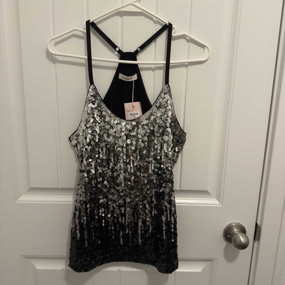 Maner Women's Black Razor Back Sequin Tank Adj Straps Size Small‎